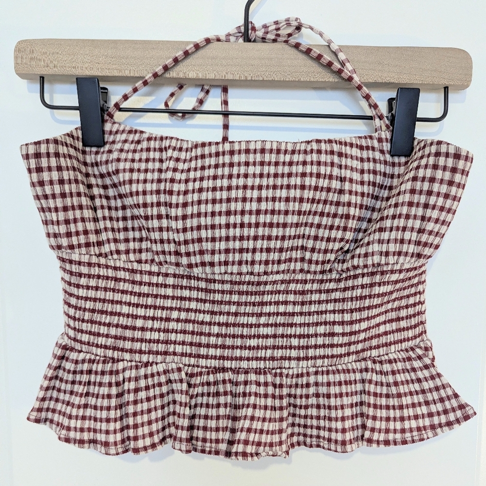 Reformation Gingham Print Halter Peplum Top Burgundy Red Cream - Size 0 - Picture 3 of 7